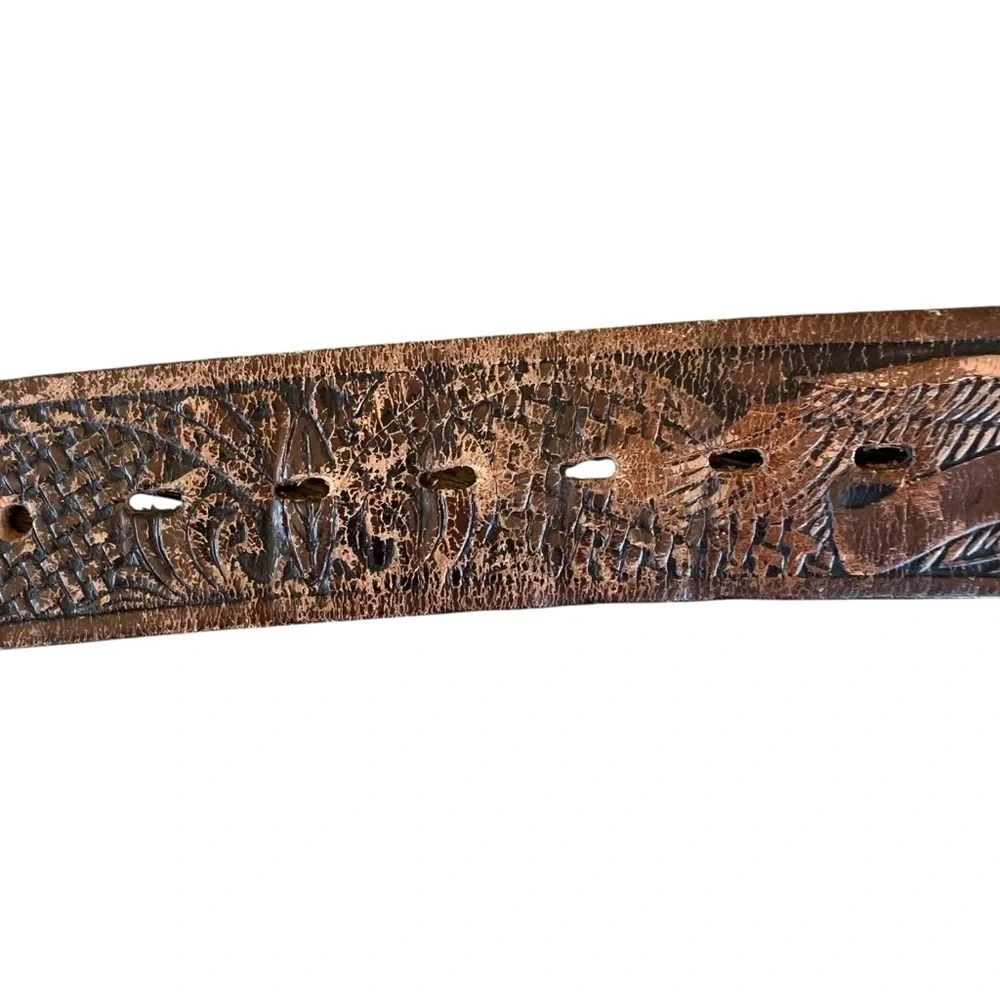 VTG Tooled Leather Western Eagle Belt Oval Silver Tone Buckle Mexico Size 44
